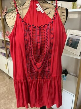 Double Zero Red Embroidered Halter Peplum Top